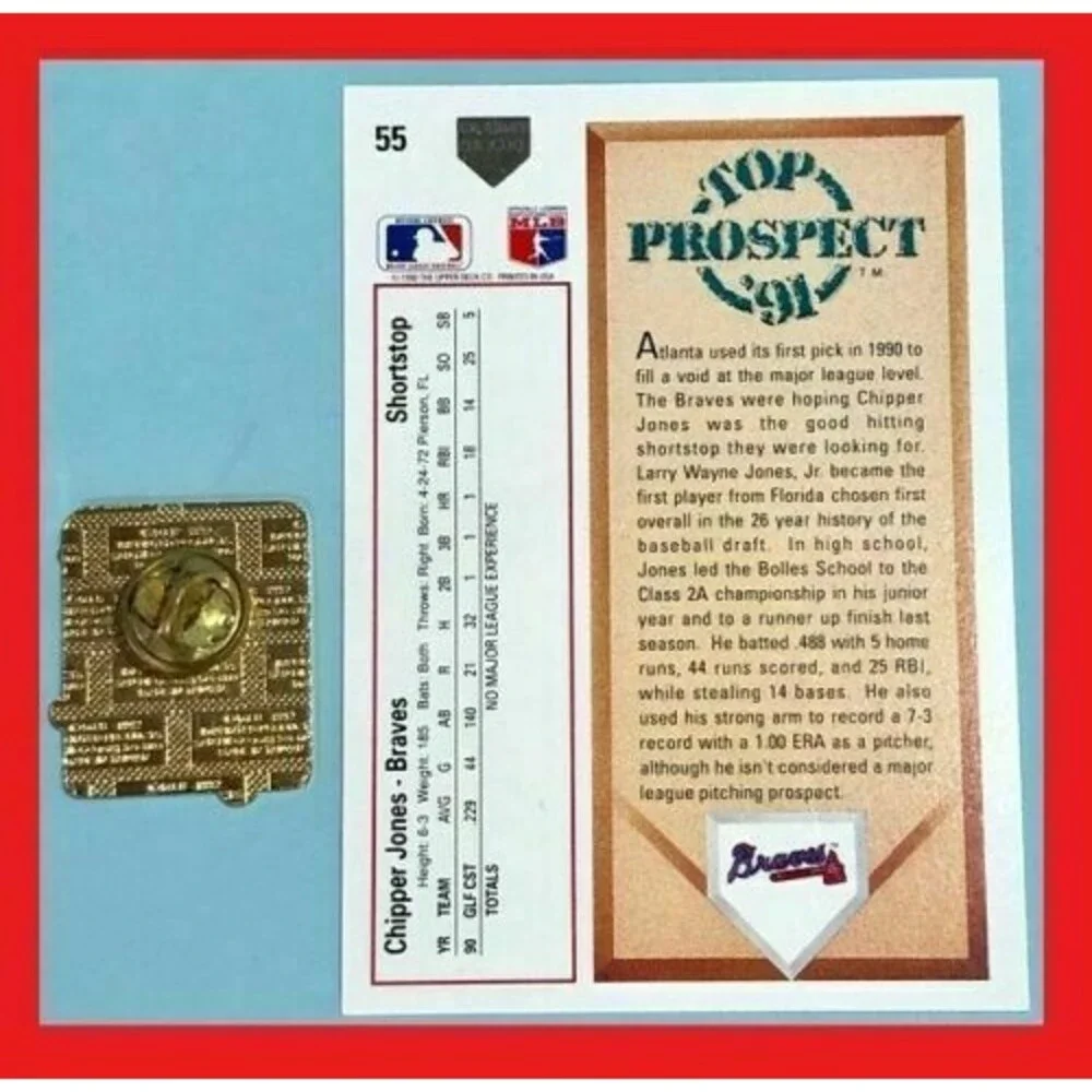 Atlanta Braves 1991 Chipper Jones Top Prsp Rookie Card & 1992 Tomahawk logo pin